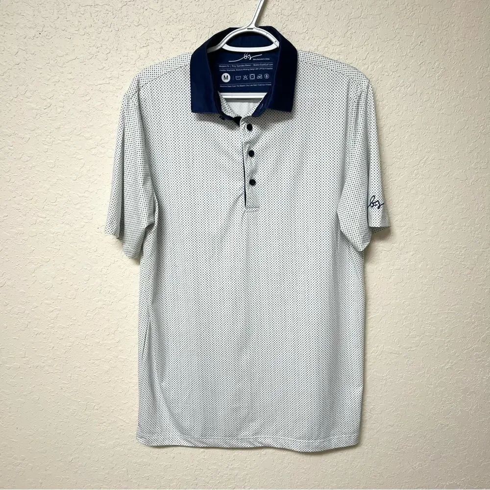 Boston Scott Polo Shirt Mens Purple Green Dot Golf Performance UPF Stretch Sz M